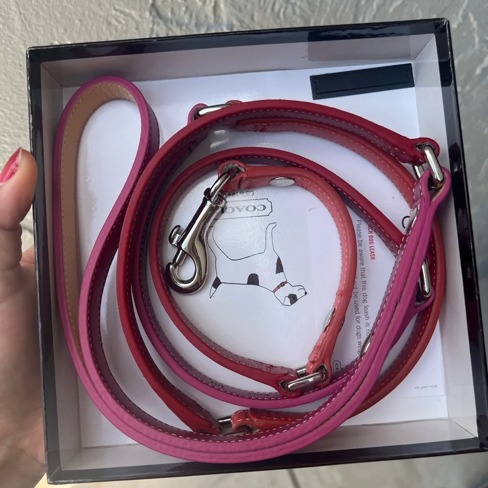 Coach Pink and Red Leather Dog Leash with Silver Hardware